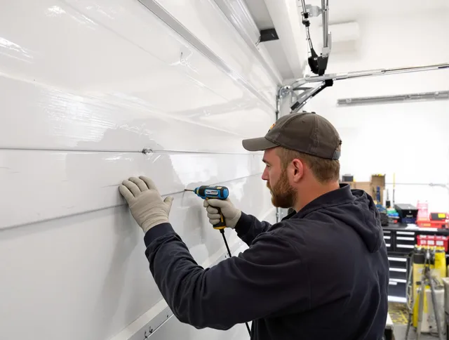 Grafton Garage Door Repair technician demonstrating precision dent removal techniques on a Grafton garage door